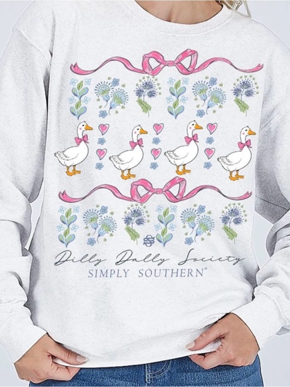 Simply Southern White Crewneck with Pink Bow & Floral Goose Motif